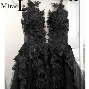 Muhteşem Siyah A-Line Gelinlik V Yaka Dantel Aplikler gelinlikler Seksi Backless Gelin Elbiseler Kolsuz Vestidos De Novia