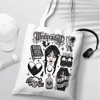 Nevermore Akademi Çarşamba Addams alışveriş çantası Tote Çanta Kadınlar için Kanvas Çanta Kullanımlık alışveriş Çantası Kadın Eko Çanta