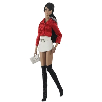 NK Resmi 4 Ürün / Set Giyim Rahat Kırmızı Gömlek + Çanta + Çorap + Elbise Moda Elbise Barbie 1/6 BJD Bebek Aksesuarları
