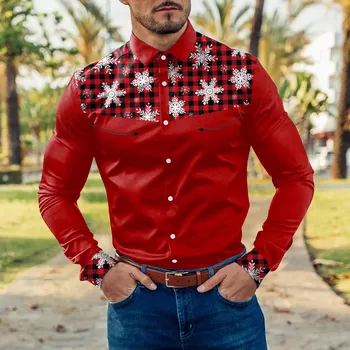 Noel Moda Rahat Kar Tanesi Kırmızı Ekose Gömlek Erkekler Dikiş Yaka Düğme Gömlek Tops Retro Casual Gömlek Kış Erkek Giysileri