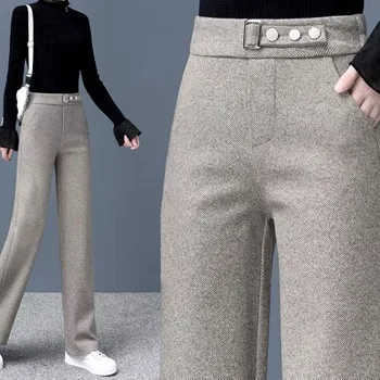 Ofis Bayan Moda Düz Rahat Yüksek Bel Pantolon Sonbahar Kış kadın giyim Gevşek Kalın Düz Renk Cepler Pantolon