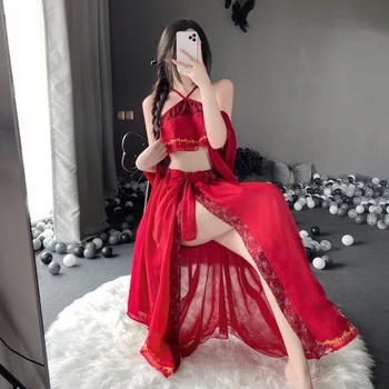 OJBK 3 ADET Kadınlar Geleneksel Iç Çamaşırı Kıyafet Kırmızı Dantel Çiçek uzun elbise Halter Backless Yüksek Yarık Kıyafeti Örgü Erotik Gecelik
