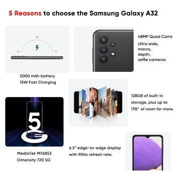 Orijinal Samsung Galaxy A32 5G Smartphone MediaTek MT6853 Dimensity 720 5000mAh Pil 15W Hızlı Şarj 48MP Dört Kamera Telefon
