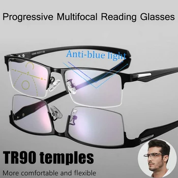 Otomatik İlerici okuma gözlüğü Erkekler Multifokal Anti Mavi Işın Büyütme Gözlük Ultra Hafif Yarım Çerçeve + 1.0 İla + 4.0