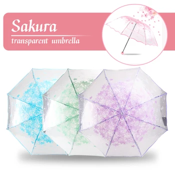 Otomatik Sevimli Sakura Yağmur Şemsiye Şeffaf Üç katlı Şemsiye Kiraz Çiçeği Mantar Sakura Şemsiye Yağmur Dişli