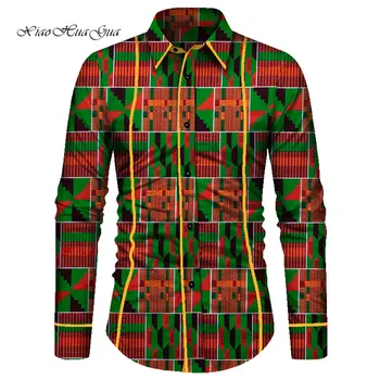 Patchwork Baskı Erkek Gömlek Afrika Giysi Erkek Ankara Desenler Uzun Kollu Üstleri Rahat Erkek Afrika Erkekler Gömlek Tops WYN915