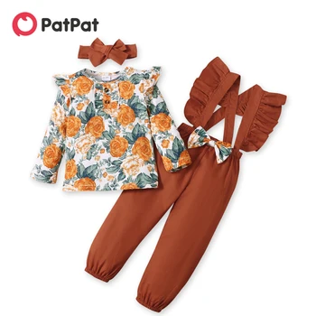 PatPat 3 parça Toddler Kız Çiçek Baskı Ruffled Uzun kollu Üst, İlmek Tasarım Tulum ve saç bandı seti