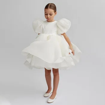 Pembe Vintage Kız Prenses Elbise Dantel Tül Çocuk Vestido Puf Kollu Düğün Parti Doğum Günü Tutu Elbise Çocuk Noel Giysileri