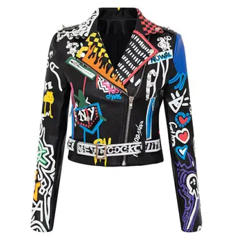 Perçin boncuk Pu Deri Ceket Kadın Graffiti Renkli Baskı Biker Ceket ve Mont PUNK Streetwear ceket