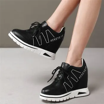 Platform Ayakkabı Pompaları Kadın Lace Up Hakiki Deri Yüksek Topuk yarım çizmeler Kadın Yüksekliği Artan Moda Ayakkabı rahat ayakkabılar
