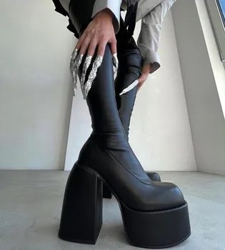 Platform Kadınlar İçin Diz Çizmeler Üzerinde Garip Topuk Goth Gotik Çizmeler Süper Yüksek Moda Seksi Marka Yeni 2022 Kış Sonbahar Zip