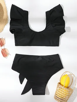 PLAVKY Kadınlar Sexi Siyah V Tel Yüksek Bel bikini seti Ruffled Mayo Kuşaklı Mayo Seksi 2022 Yaz Plaj Yüzmek Mayo