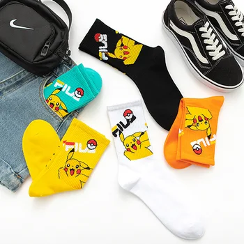 Pokemon Pikachu Bahar ve Yaz Tüp Çorap Sevimli Karikatür Çocuk 12 Yaş Üstü Çorap Çift Ter emici spor çorapları