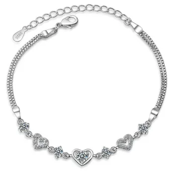 Popüler Basit Mizaç Yüksek Kaliteli Moda Gümüş Kaplama Takı Kalp Aşk Kristal Çift Katmanlı Bilezikler SB90