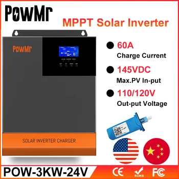 PowMr All-In-One 3000W Saf Sinüs Dalgası Hibrid güneş inverteri 24V Giriş 110VAC Çıkış dahili 60A MPPT güneş enerjisi şarj cihazı Denetleyici