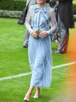Prenses Kate Moda Yeni kadın Bahar Sonbahar Yüksek Kaliteli Zarif Parti Rahat Dantel Patchwork Nokta Baskı Dantel Örgü Midi Elbise