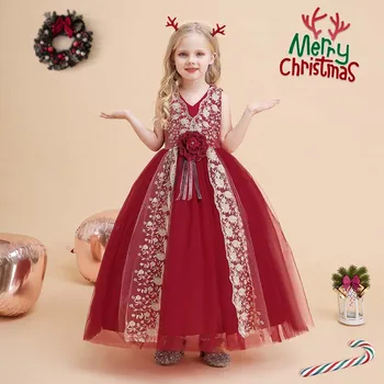 Prenses Kız Elbise İşlemeli Tül Parti Akşam Uzun Elbiseler Çocuk Kostüm V Yaka Noel Çocuklar Düğün Nedime Elbisesi