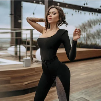 Prowow Seksi Bir Omuz Tulumlar Mesh Patchwork Yaz Sonbahar Kadın Romper Düz Renk Slim Fit Yüksek Bel Tek parça Kıyafetler