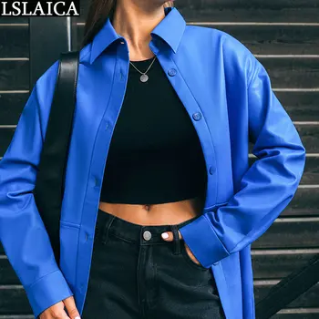 Pu Deri kadın Gömlek Düz Renk Sonbahar 2022 Ceketler Moda Dış Giyim Üst Giyim Son Kış Streetwear Mont Kore Yeni