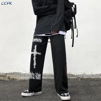 Punk Geniş Bacak Pantolon Kadın Gotik Harajuku Streetwear Anime Sweatpants Merkezi Goth Siyah Baskı Pantolon Kadın Giysileri Emo Pantolon