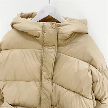 PUWD Sıcak Kadınlar Saf Renk Kapşonlu Sashes pamuklu ceket 2021 Sonbahar / Kış Bağlama Rahat Cep Parka Gevşek Kadın Dış Giyim