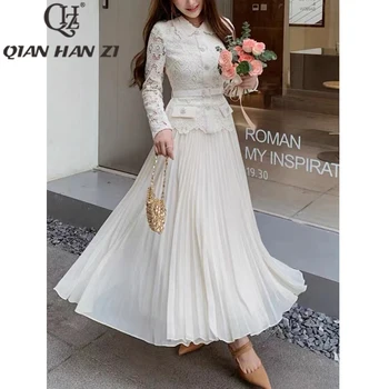 QHZ tasarımcı moda elbise sonbahar kış kadın uzun kollu hollow out Tek göğüslü dantel paneli pilili beyaz zarif elbise uzun