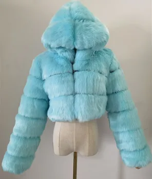 QWİN Moda Kapşonlu Faux Kürk Ceket Kadınlar 2022 Kış Yüksek Kalite Sıcak Mavi Kürklü Palto Zarif Peluş Kırpma Ceket Femme