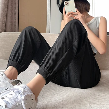 Rahat Pantolon Kadın Ayak Bileği uzunlukta Eğlence Kalem Katı Harem pantolon Yaz Gevşek Elastik Bel Günlük Tüm Maç Kore Moda