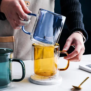 Renkli Cam Çift Alt kulplu kupa Ev Kahve Fincanı Kahvaltı Süt Yulaf Ezmesi Çift Duvar Anti-haşlanma Güzel çay Bardağı