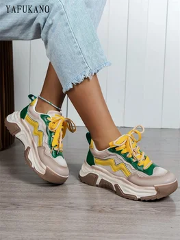 Retro Colorblock Dantel-up Ön Tıknaz Ayakkabı Kalın Alt Rahat Baba Ayakkabı Örgü Nefes Platformu Moda Kadın Ayakkabı