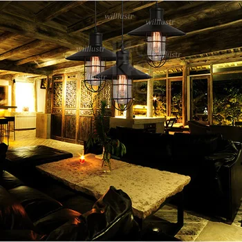 Retro endüstriyel askı lamba Eski kafes Filament süspansiyon ışık Loft Cafe tavan Bar restoran demir cam asılı aydınlatma