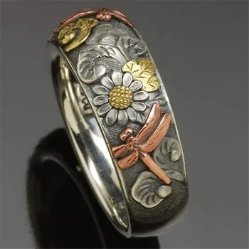 Retro Gümüş Renk Oyma Yüzük Kadınlar için Çiçek Yusufçuk Ayçiçeği İşaret Parmağı Yüzük Bayan Takı Aksesuarları