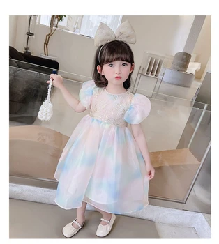 RiniLucia 2022 Kız Bebek Puf Kollu Doğum Günü Partisi Uzun Örgü Elbise Çocuklar Yaz Moda Prenses Elbiseler Çocuk Giyim