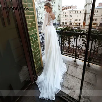 RODDRSYA Boho Seksi V Boyun Şifon düğün elbisesi Uzun Puf Kollu Dantel Boho Gelin Kıyafeti Sweep Tren Robe De Mariée Vestido 2022
