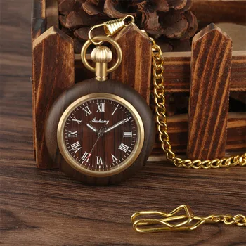Romen Rakamları Ahşap Kuvars cep saati Altın Fob Zincir Kolye Saat Erkek Açık Yüz Vintage Ahşap Cep Saati