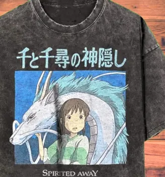 Ruhların kaçışı Anime Vintage Yıkama T-shirt Unisex Anime Manga Gömlek Vintage Stil Gömlek Büyük Boy Harajuku Kısa Kollu Üstleri