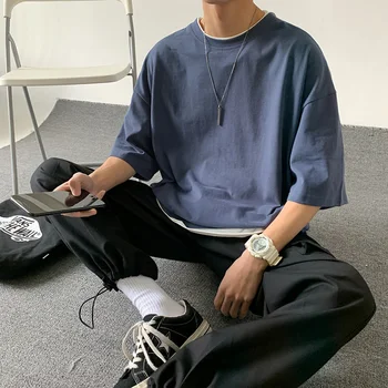 Sahte İki Adet Erkek Yaz T Shirt Büyük Boy Kore Moda Harajuku Streetwear Hip Hop Gevşek Vogue Çift Giyim Vintage