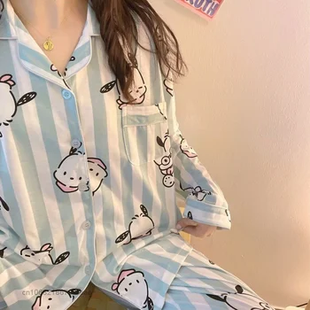 Sanrio Giysileri Karikatür Pochacco Gecelik Kore Kadın Pijama Takım Elbise Kadın Hırka Üstleri Geniş Bacak Pantolon 2 Parça Set Y2k Pijama