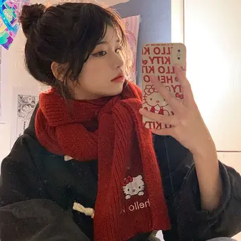Sanrio Hello Kittys örgü atkı Y2K Kızlar Tatlı Güzel Kış sıcak Eşarp kadın Kırmızı Karikatür İşlemeli boyun eşarbı Trend Şal