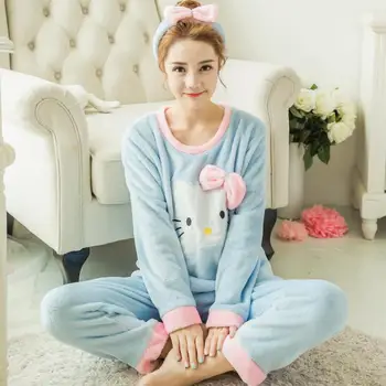 Sanrios Anime Hellokitty Sonbahar Kış Kawaii Mercan Polar Kız Pijama Karikatür Sevimli Facecloth Artı Polar Ev Giyim Takım Elbise