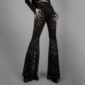 See Through Gotik Örgü Yaz Flare pantolon Grunge Punk Yüksek Bel Siyah Kadın Seksi Pantolon Çiçek Çizik Elbise