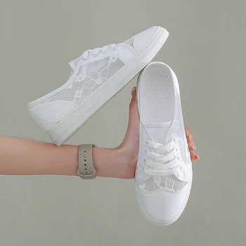 Seksi Dantel beyaz ayakkabı Kadınlar Flats Sneakers Yaz 2022 Yeni Kadın günlük ayakkabılar Siyah Tuval Vulkanize Sneakers Kadınlar İçin