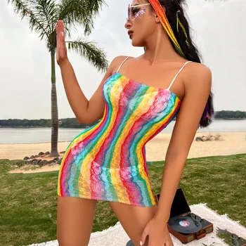 Seksi İçi Boş Elbise Kadın Erotik See Through Fishnet Babydoll Renkli Gökkuşağı Örgü Egzotik Seti Sıkı Bikini Erotik İç Çamaşırı
