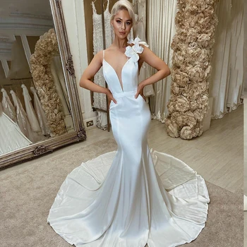 Seksi Mermaid düğün elbisesi 2022 Kolsuz 3D Çiçekler Vestidos de novia V Boyun gelin kıyafeti Kadınlar İçin Robe De Mariee Özelleştirmek