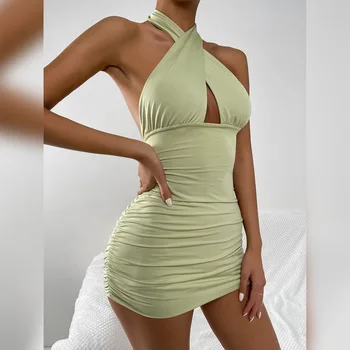 Seksi Yeşil Hollow Çapraz Halter Parti Elbise Kadınlar için Backless Bağlı Kısa Bodycon Elbise Moda Kolsuz Gece Kulübü Mini Elbise