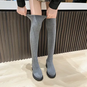 Seksi Yüksek Çorap Çizmeler Kadın Kış Yeni Moda Diz Üzerinde Sıcak Botas Mujer Süet Lace Up Pompaları yüksek topuklu ayakkabı Çizmeler