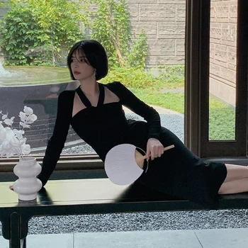Seksi Örme uzun elbise Kadın Kore Tek Parça Zarif Halter Boyun Elbise Gotik Vintage Casual Y2K Akşam Parti Elbise Sonbahar