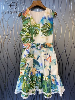 SEQINYY Yelek Mini Elbise Yaz Bahar Yeni Moda Tasarım Kadın Pist Yüksek Sokak Vintage Çiçek Baskı A-line Ince Kemer