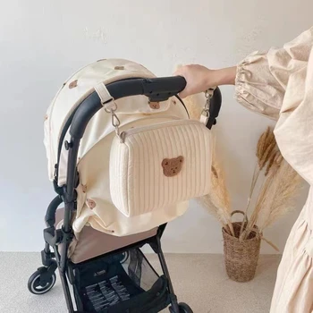 Sevimli Ayı Nakış Anne Tek Çanta Pamuk Anne çanta düzenleyici Fermuar Yenidoğan Bebek Bezi Çantası Nappy Seyahat Arabası saklama çantası