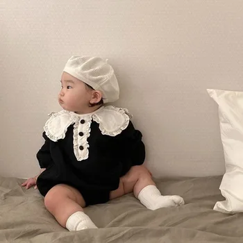 Sevimli Bebek Bodysuits Uzun Kollu 2022 Bahar Yeni Kız Tulum Bebek Dantel Büyük Yaka Prenses Onesie Bebek Giysileri